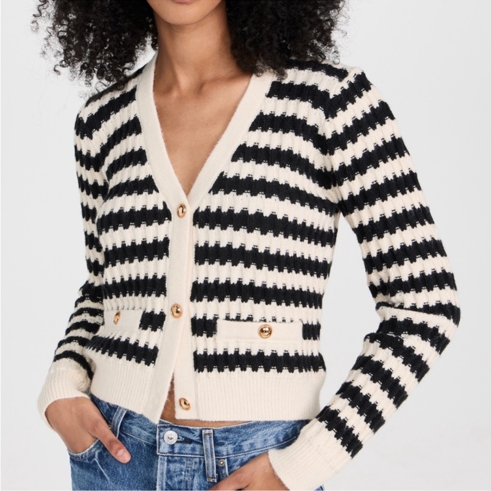 Line and Dot Elegant Black and Cream Striped Cardigan | Size: XS